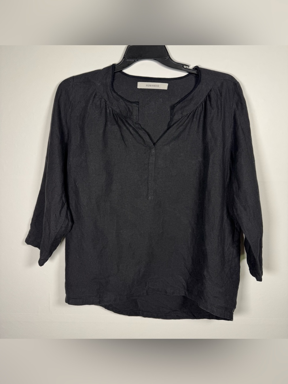 HUMANOID Black Italian Linen Lagenlook Split V-Neck Boxy Top Sz M